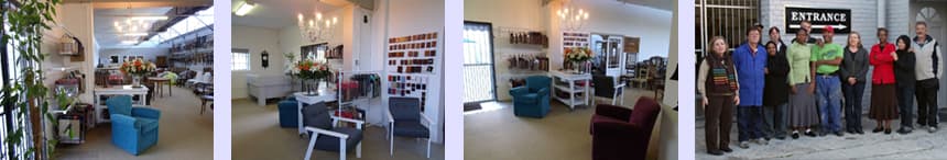 Interior shots of the FRC showroom — refurbished chairs, fabric displays and the team at the entrance