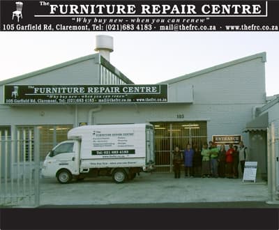 The Furniture Repair Centre team, delivery vehicle and workshop entrance at 105 Garfield Road, Claremont